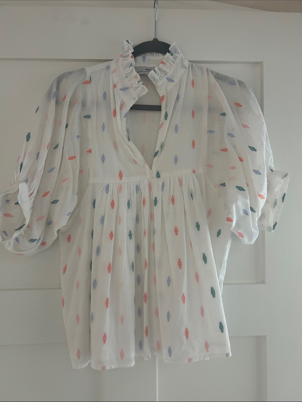 White Ruffled V-Neck Peasant Blouse with Multicolor Dot Motif